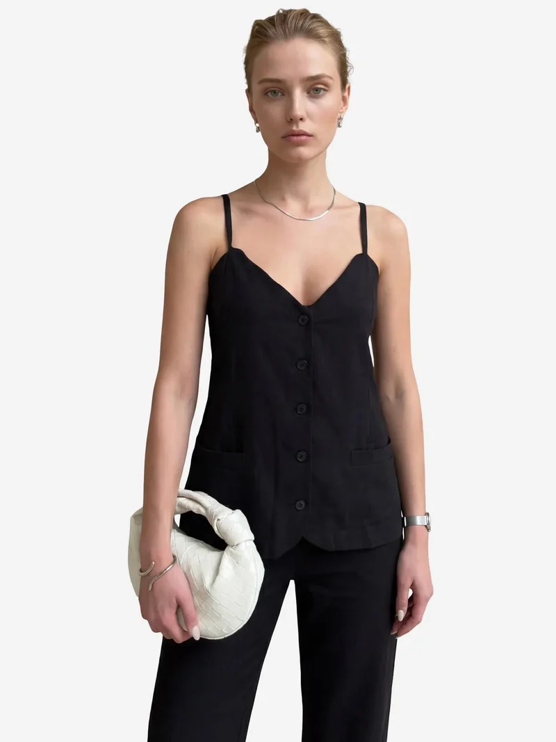MY FASHION V-Neck Buttoned Vest with Pockets & Straight Leg Pants Two-Piece Set